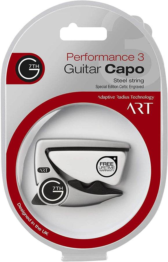 G7th 6 String Guitar Capo, Ambidextrous, Silver, 63g/2.2oz. Low profile and non-intrusive (G7P3CELTICSL)